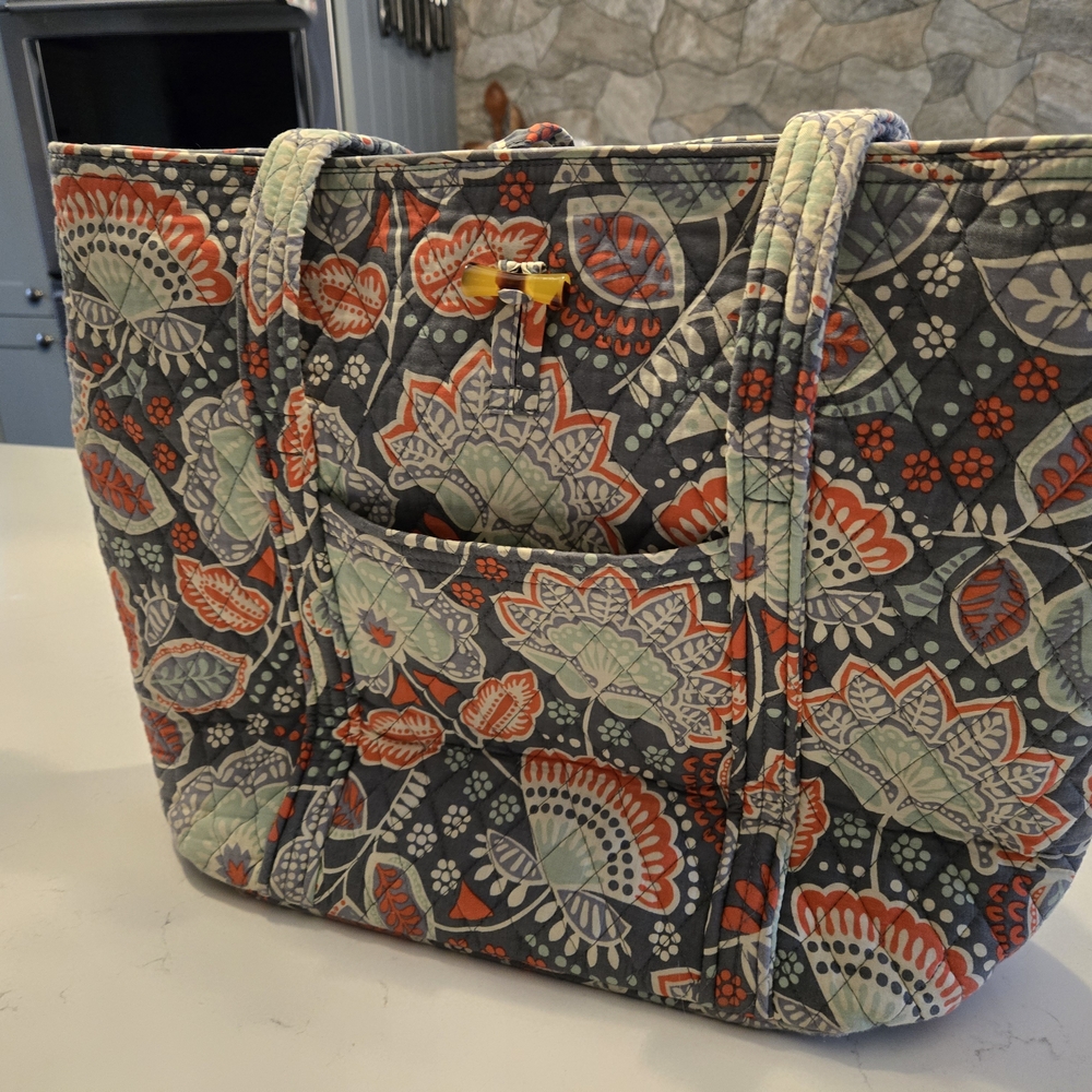Vera Bradley Quilted Floral Tote in Gray, Coral & Mint